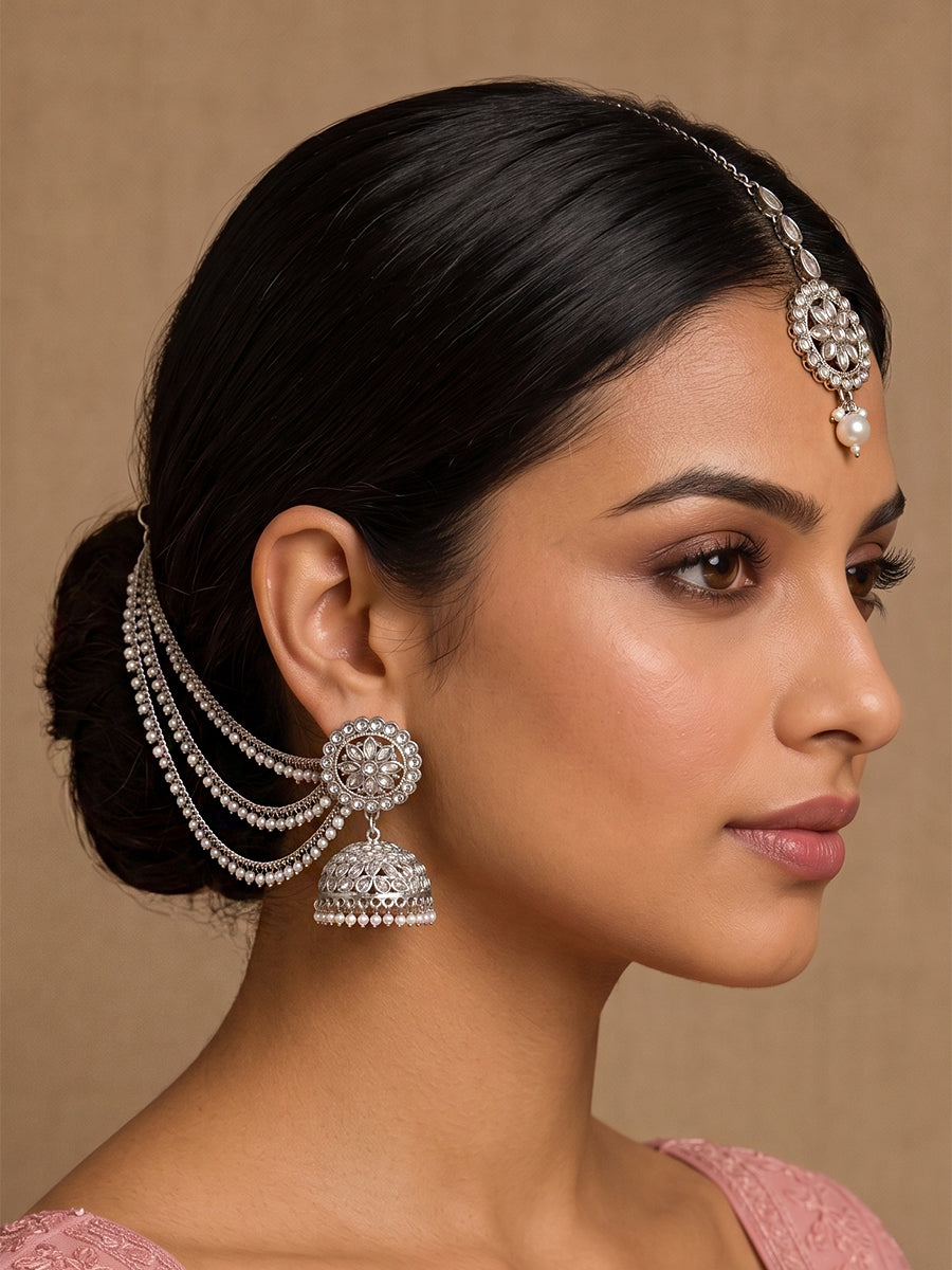 Shiza Jhumki Earrings with Earchain & Tikka-Silver