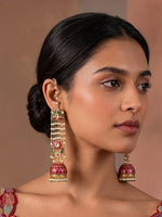Meera Long Jhumki Earrings-Pink / Green