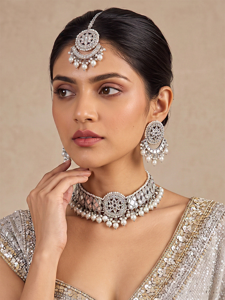 Aisha Mirror Necklace Set - Silver