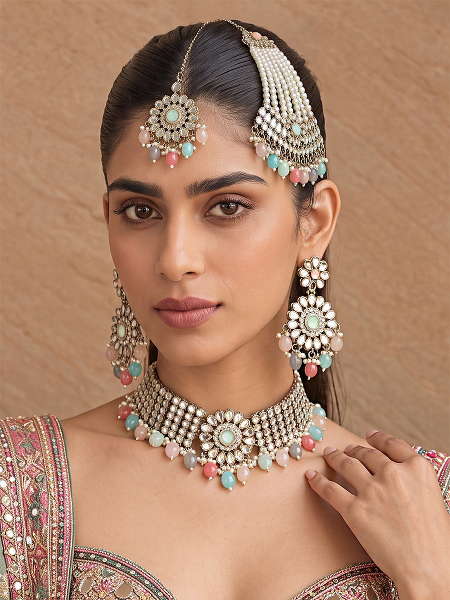 Kangana Necklace Set-(Golden)Multicolor