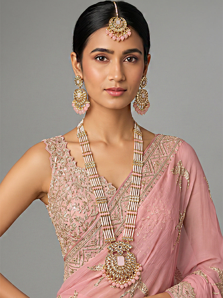 Madiha Long / Ranihaar Necklace Set-Pastel Pink