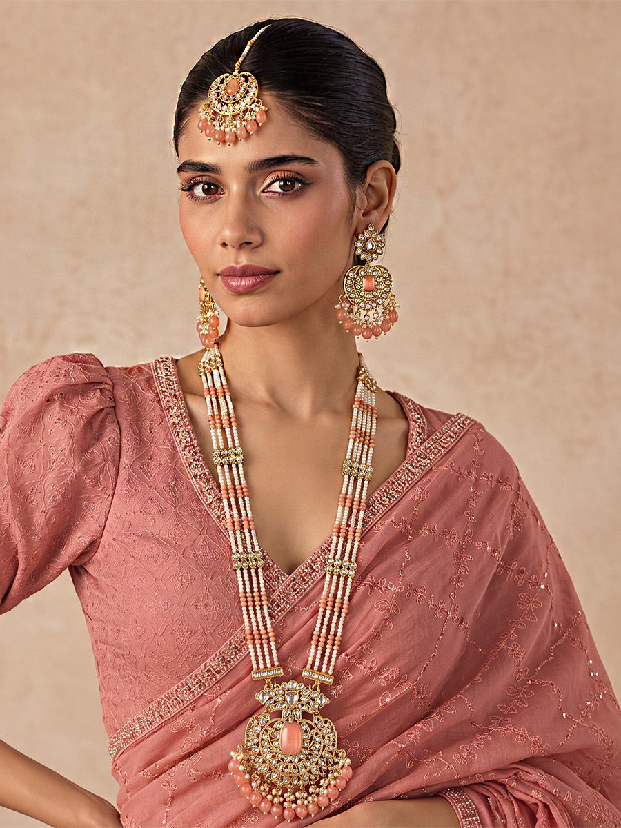 Madiha Long / Ranihaar Necklace Set- Pink