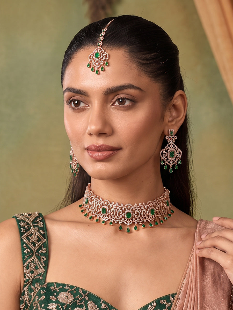 Shanaya Choker Necklace Set- Rose Gold /Green