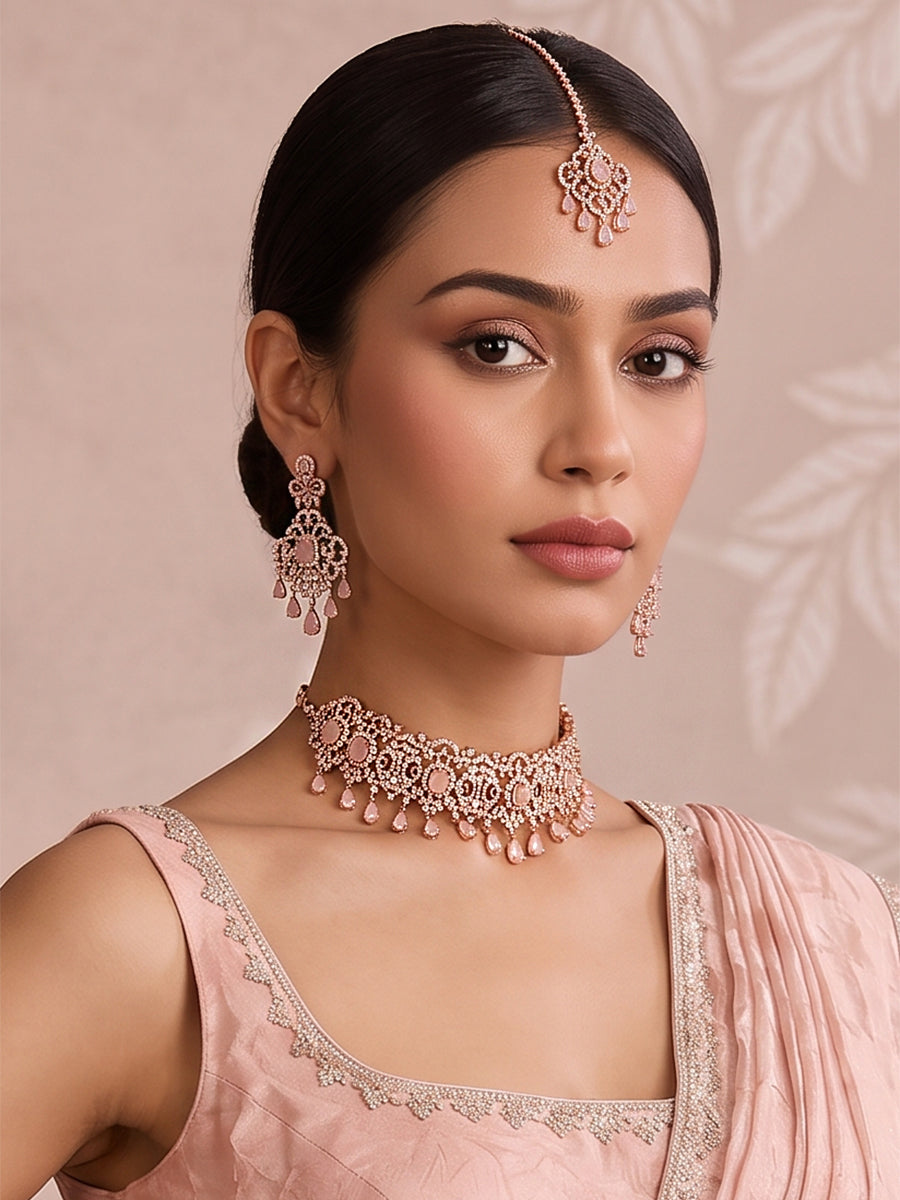 Shanaya Choker Necklace Set-Rose Gold /Pastel Pink