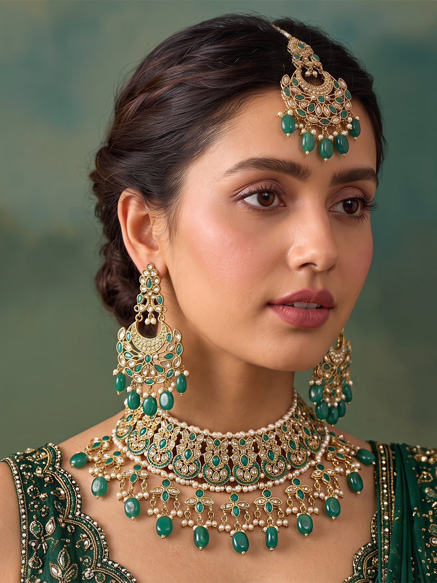 Anushri Polki Bib Necklace Set-Green