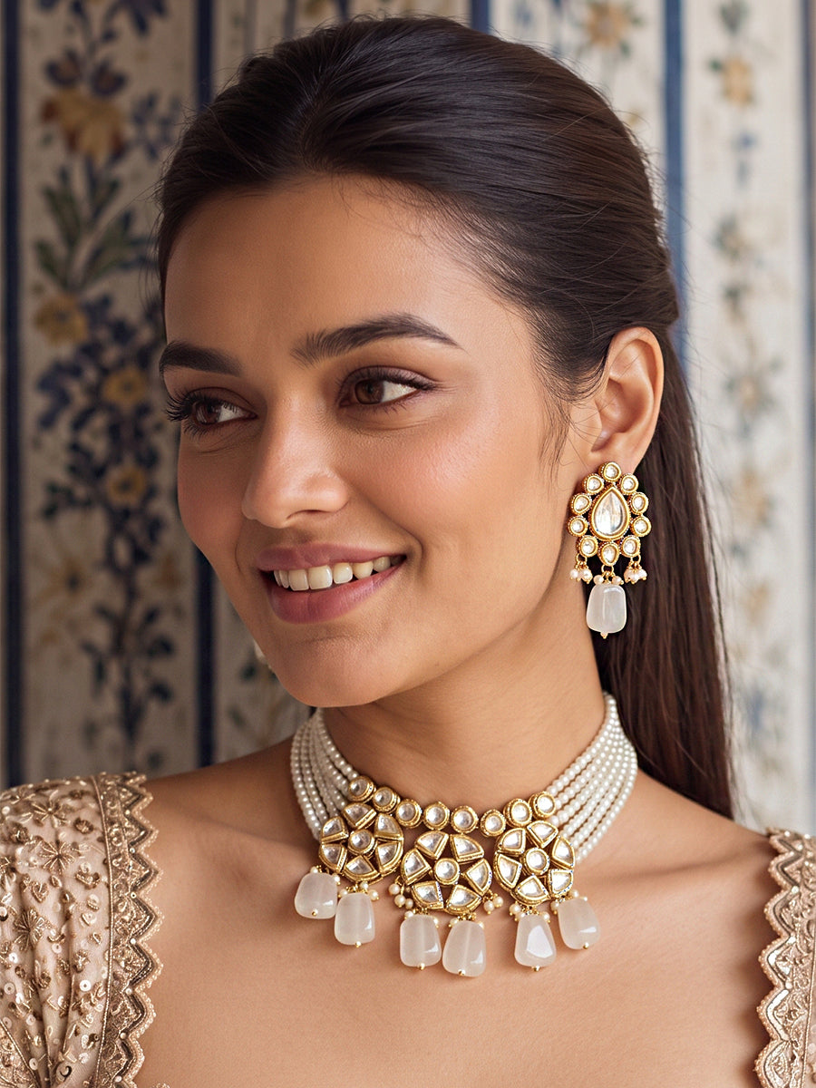 Vaani Kundan Choker Necklace Set -Ivory