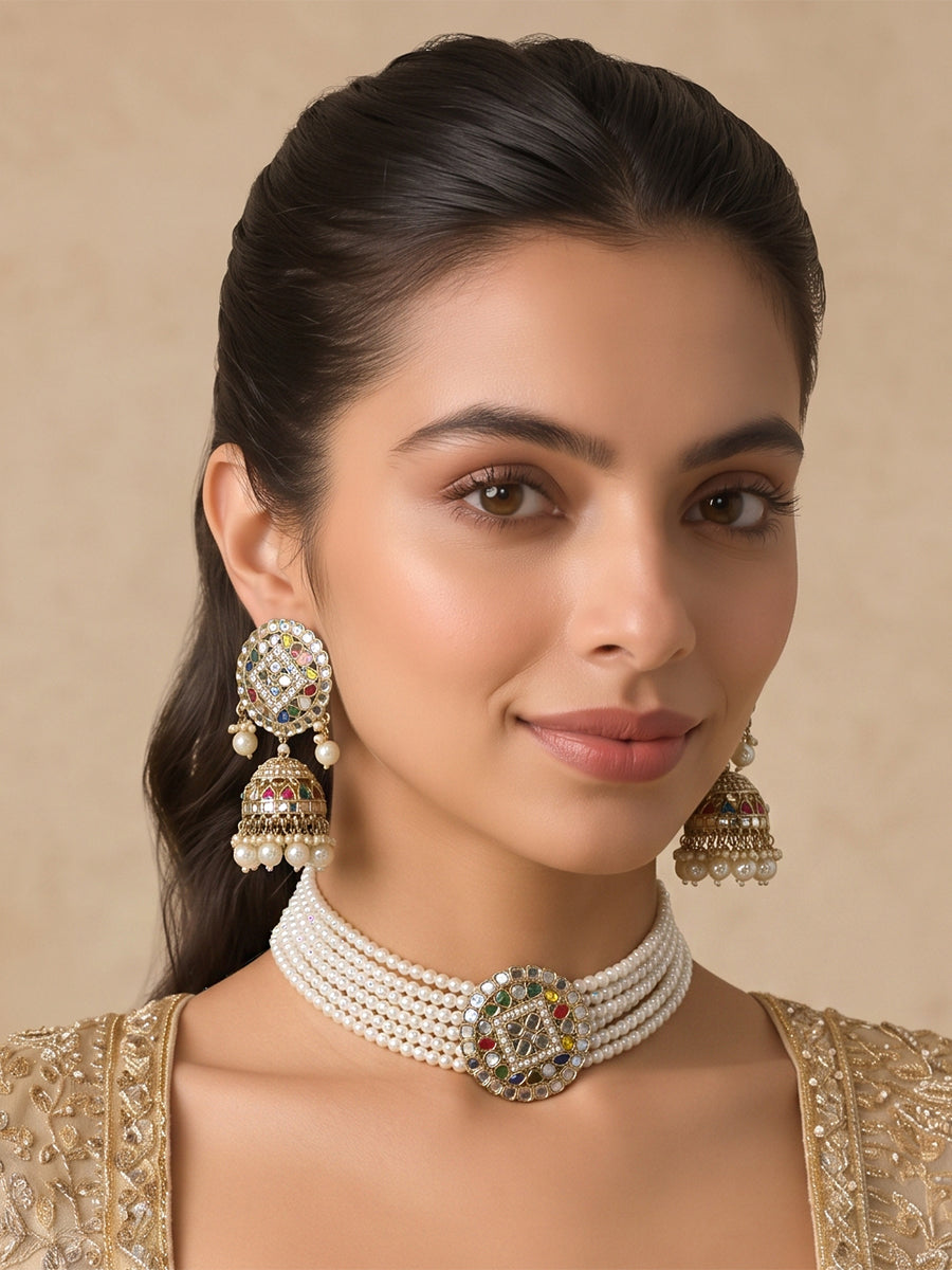 Ishrat Mirror Choker Necklace Set - Multicolor