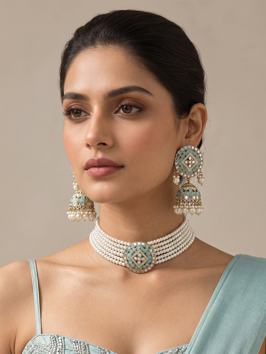 Ishrat Mirror Choker Necklace Set - Auqa