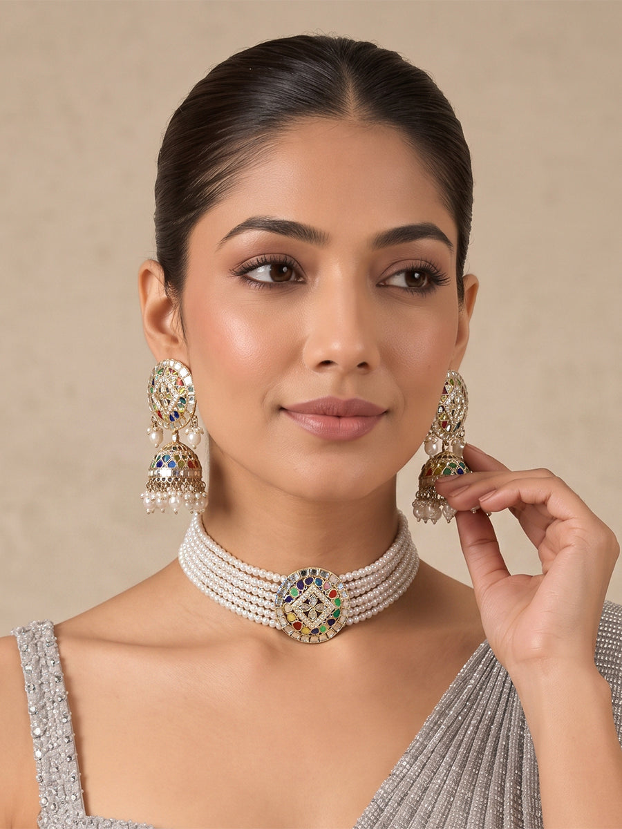 Ishrat Mirror Choker Necklace Set - Multicolor