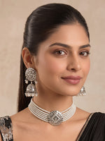 Ishrat Mirror Choker Necklace Set - Silver