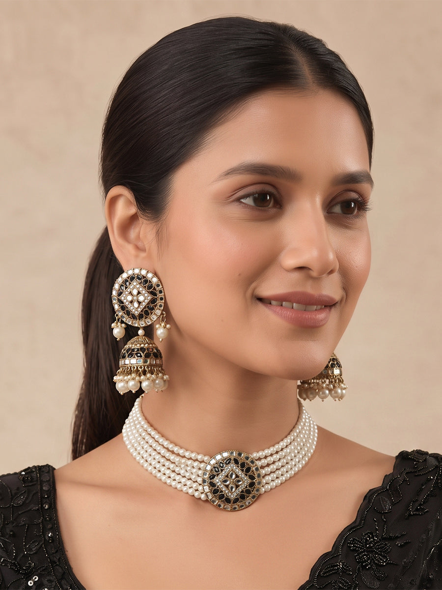 Ishrat Mirror Choker Necklace Set - Black