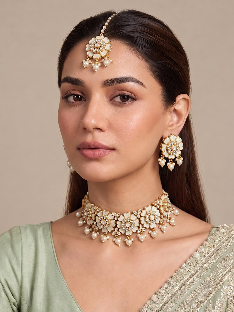 Vartika Choker Necklace Set-Ivory