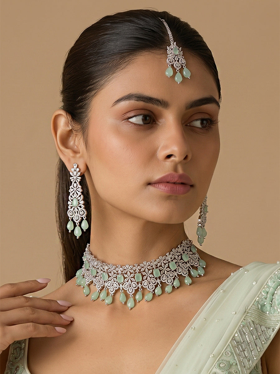 Singapore Necklace Set-Silver Mint Green