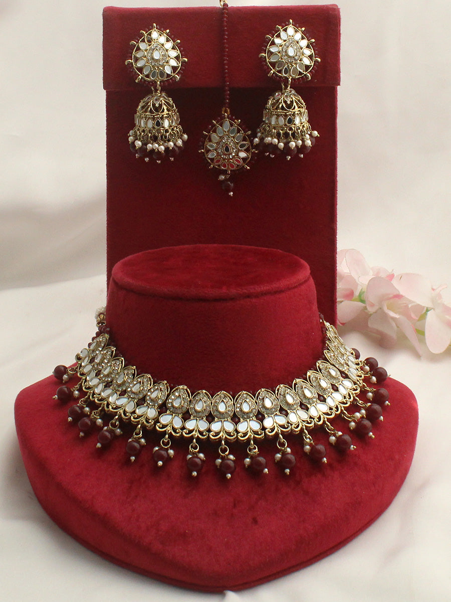 Shirin Mirror Necklace Set - Maroon