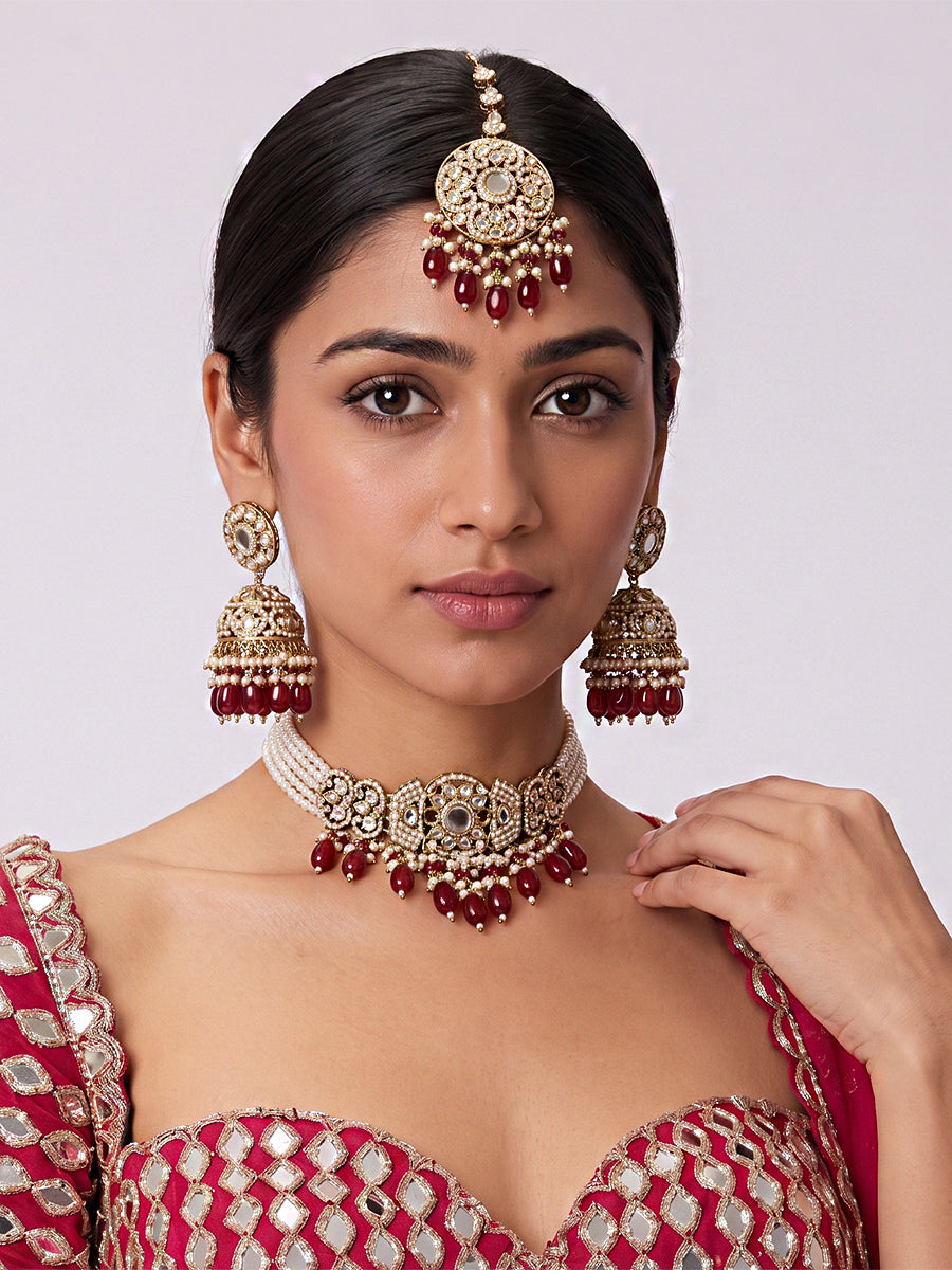 Takshi Mirror Choker Necklace Set-Maroon