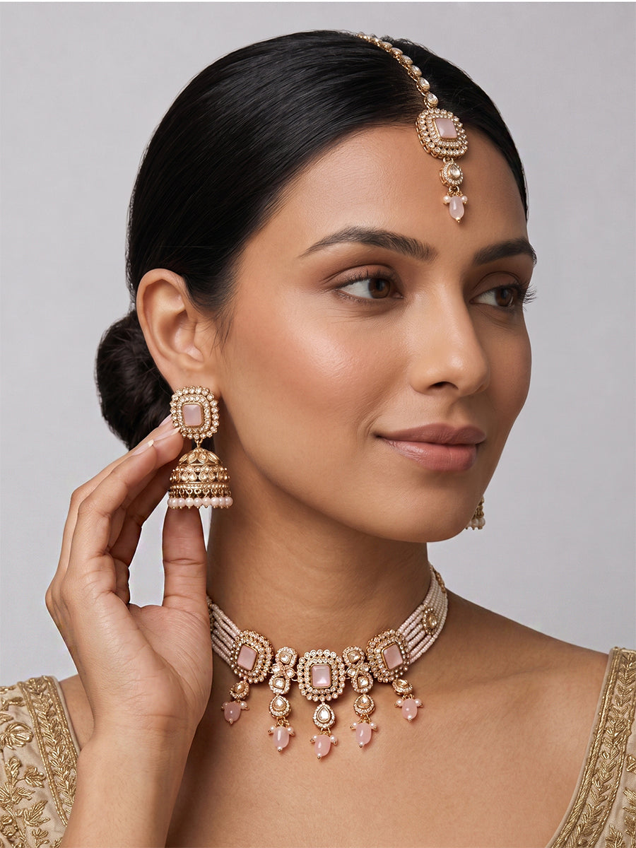 Jivika Choker Necklace Set  - Pastel Pink
