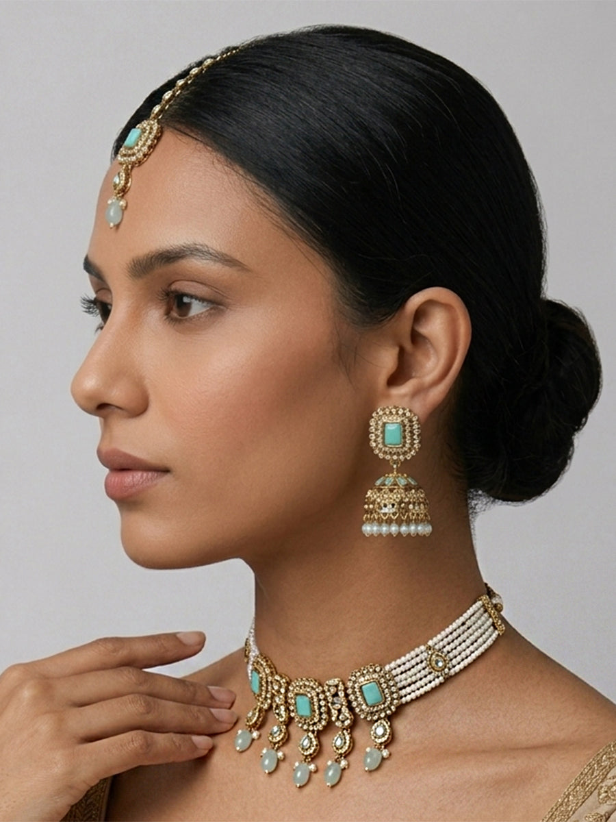 Jivika Choker Necklace Set-Aqua
