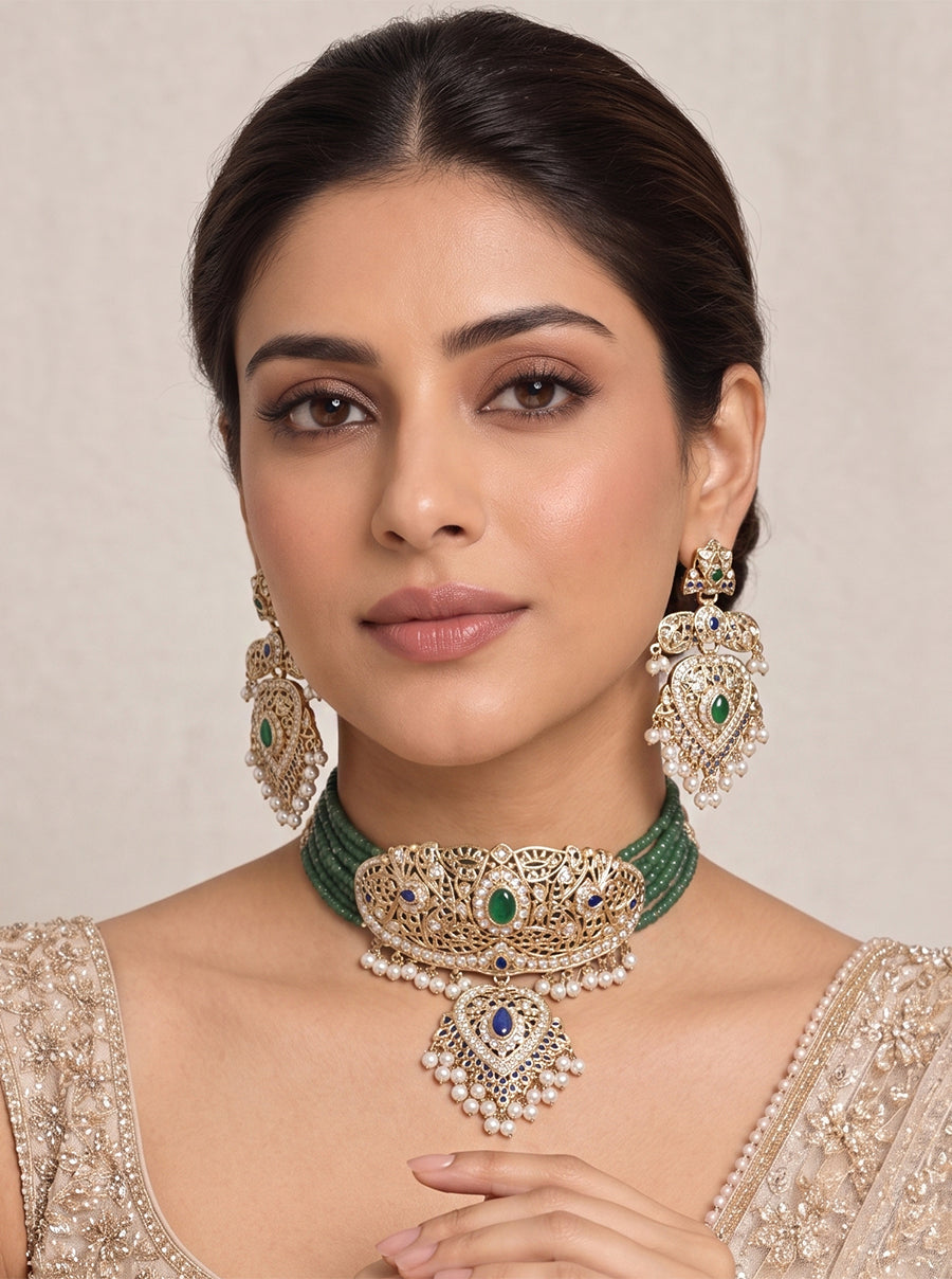 Zareen Jadau Choker Necklace Set-Green