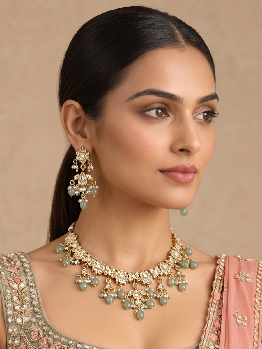 Vedika Bib Necklace Set-Mint Green