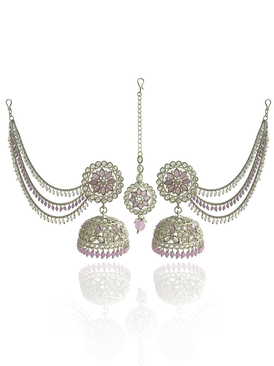 Shiza Jhumki Earrings with Earchain & Tikka-Lavender