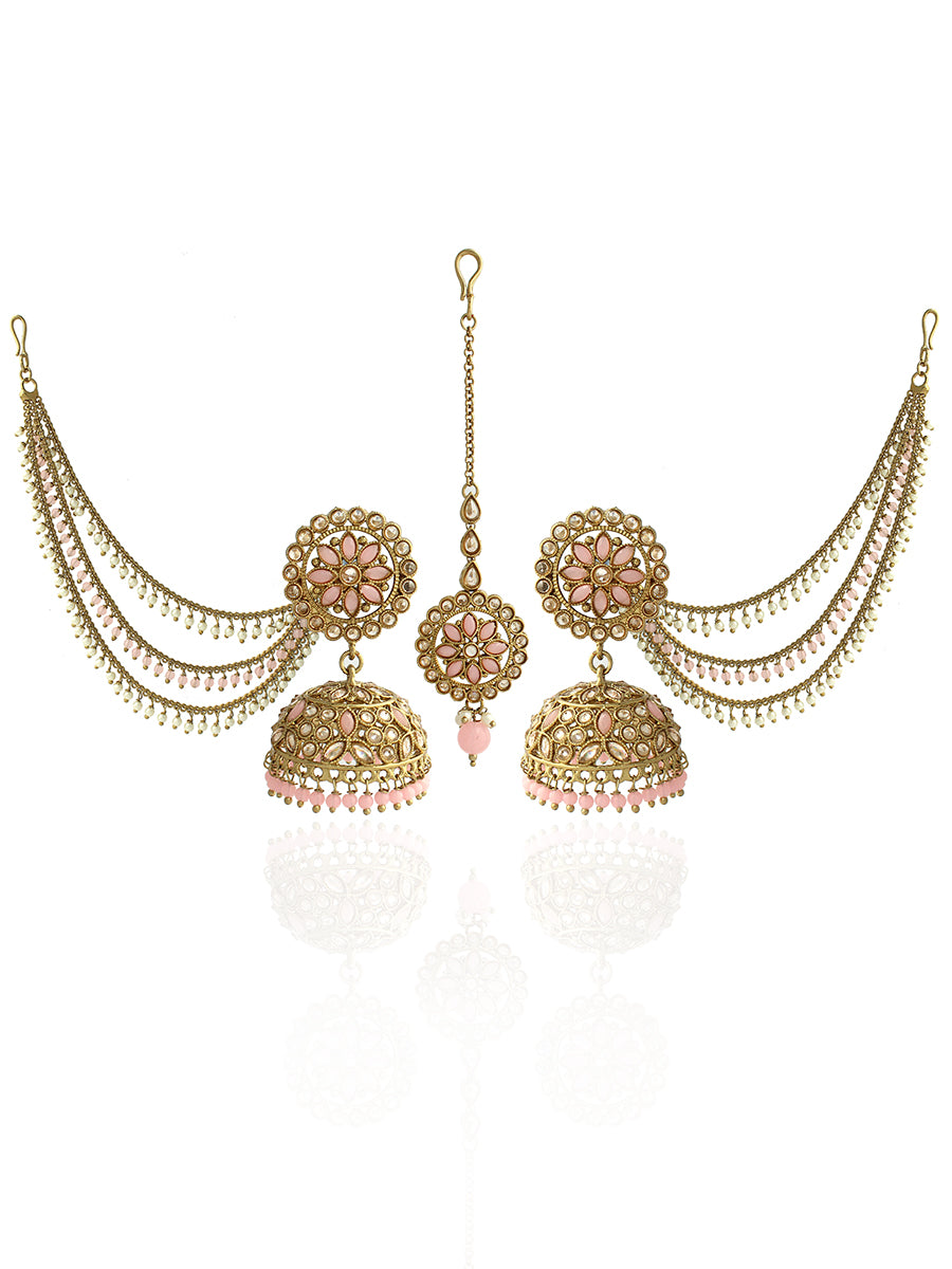 Shiza Jhumki Earrings with Earchain & Tikka-Pastel Pink