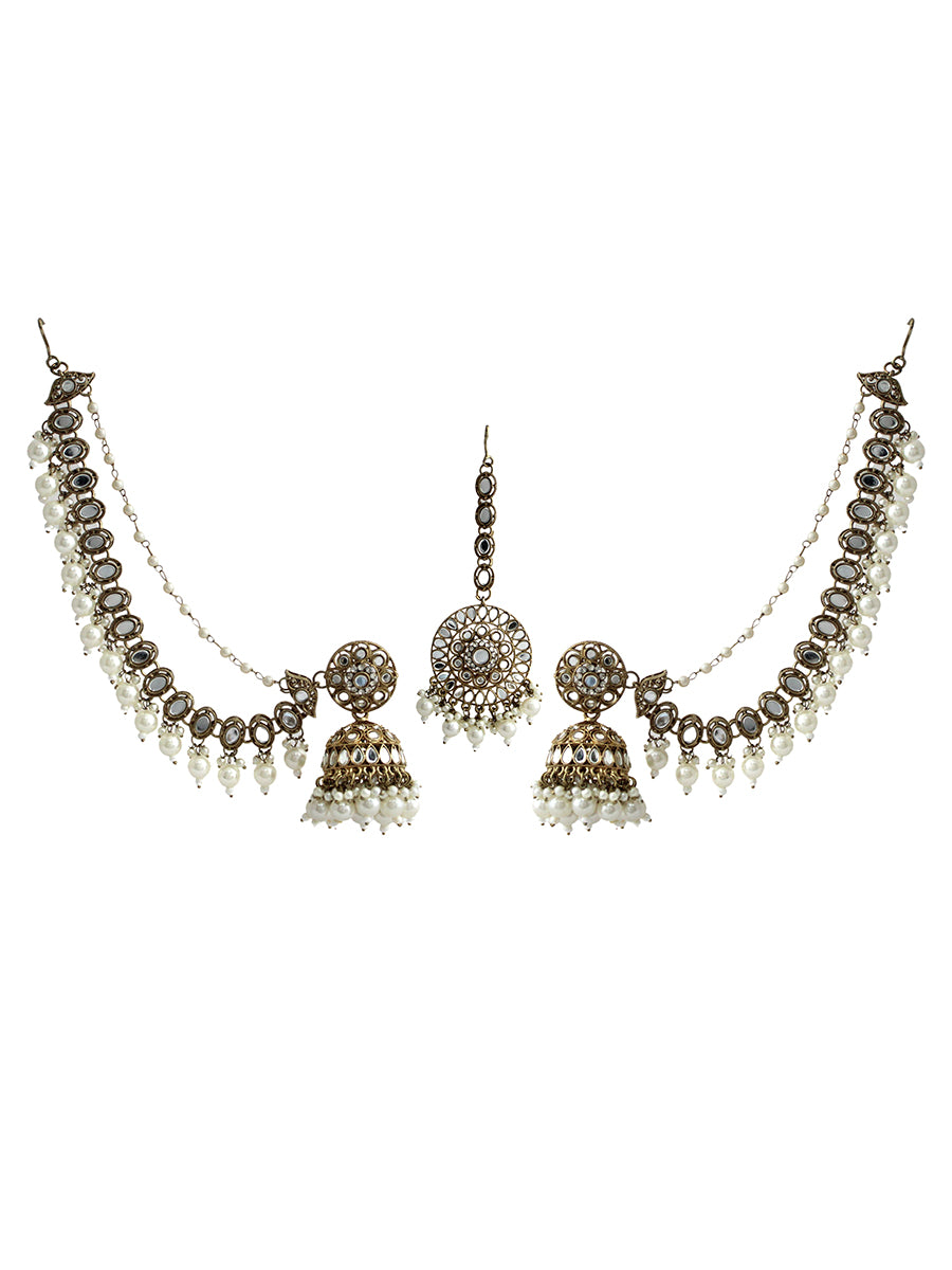 Ivana Mirror Jhumki Earrings Tikka With Ear Chain-Gold