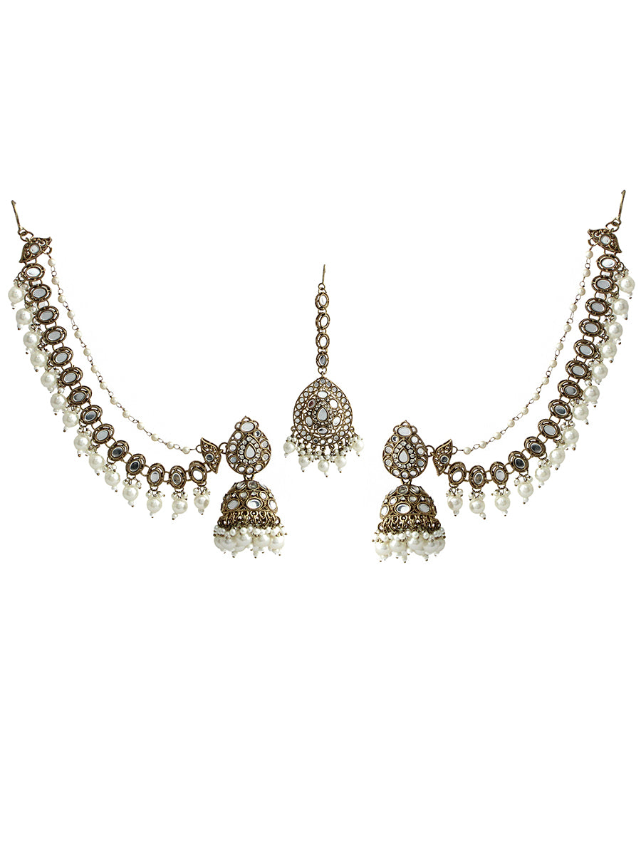 Nirvi Mirror Earrings Tikka With Ear Chain-Antique Gold
