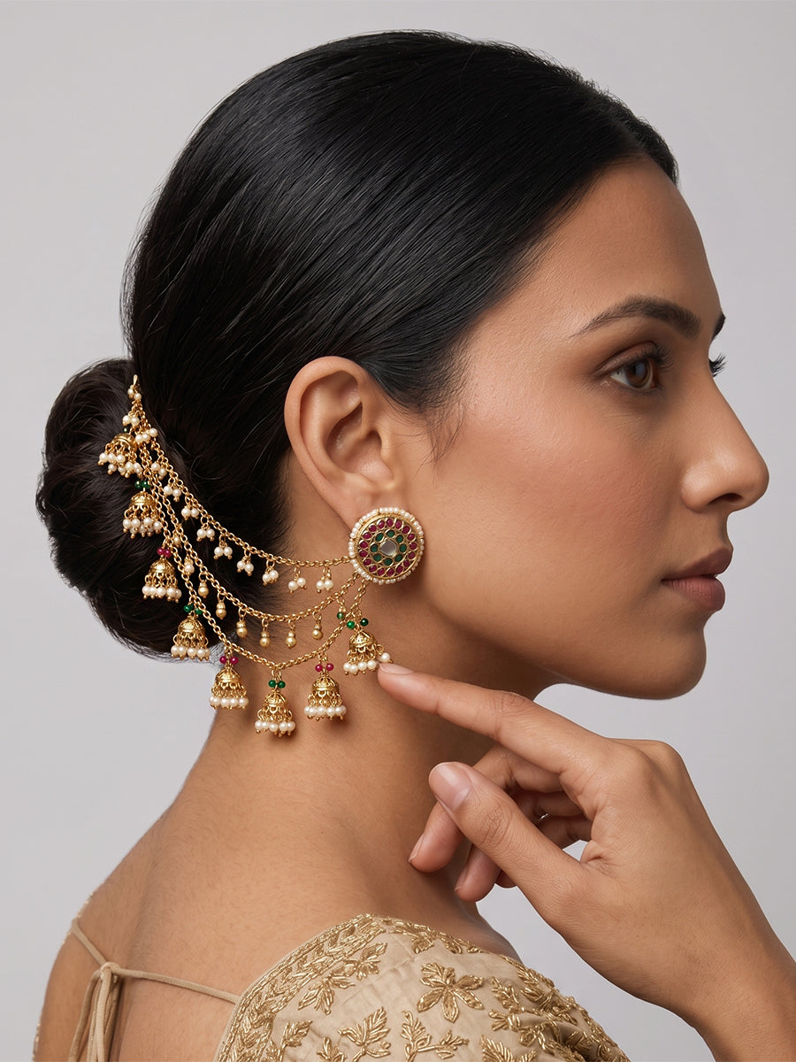 Sanchita Ear Chain / Kaanchain -Pink / Green