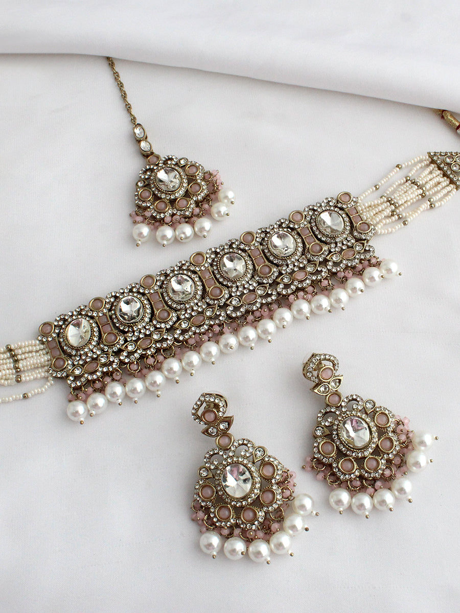 Miraya Choker Necklace Set-Pastel Pink