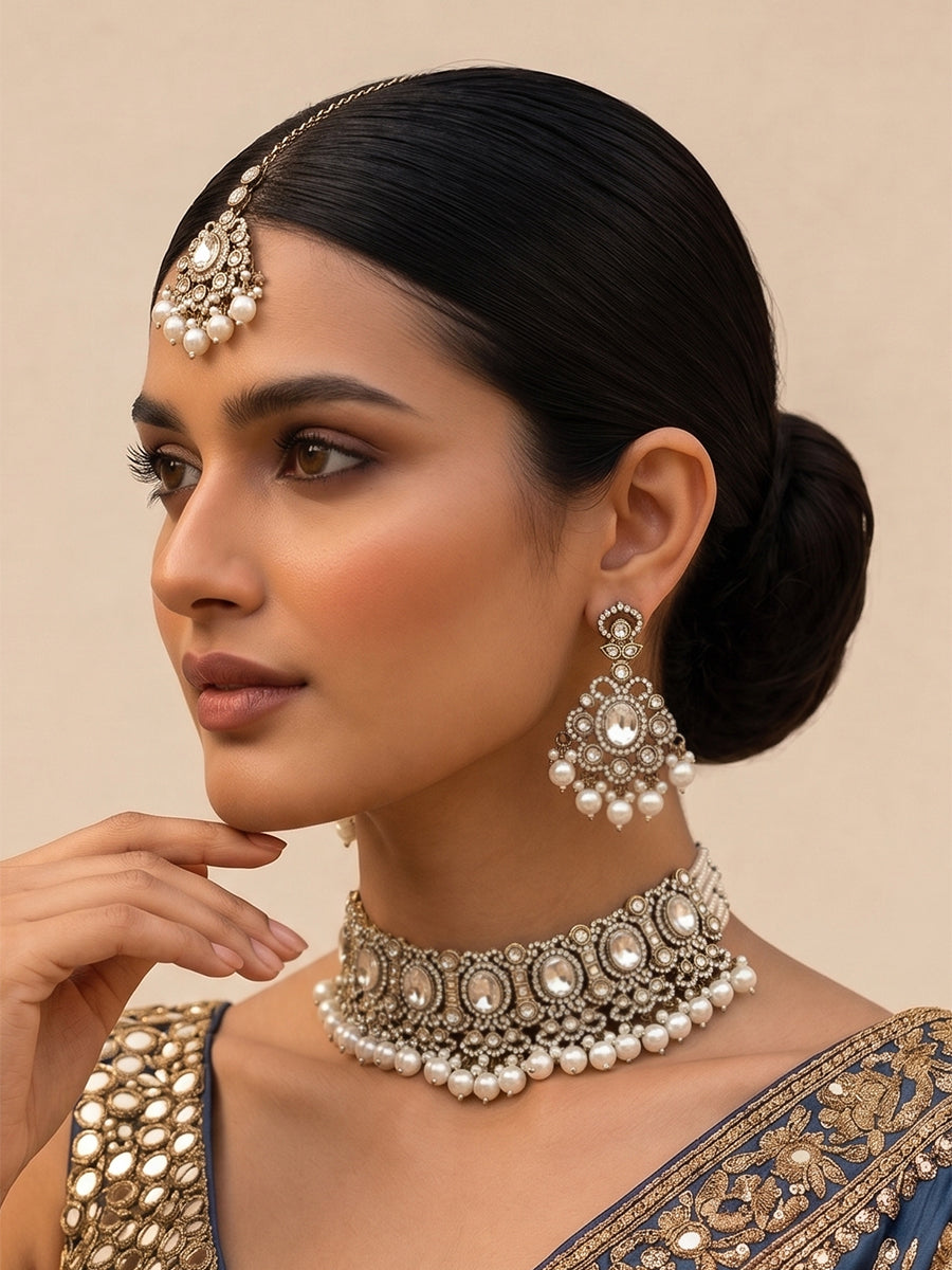 Miraya Choker Necklace Set-White
