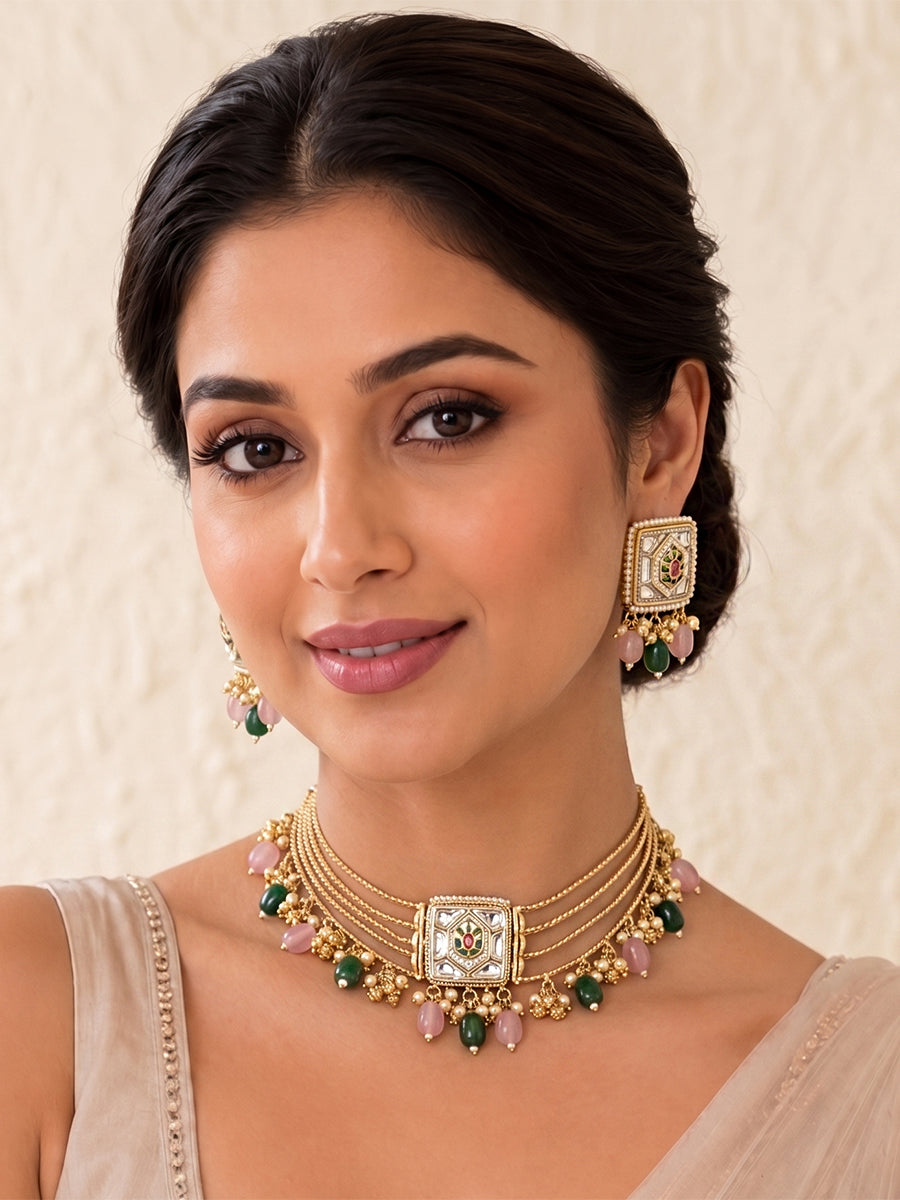 Anaika Necklace Set-Pink / Green