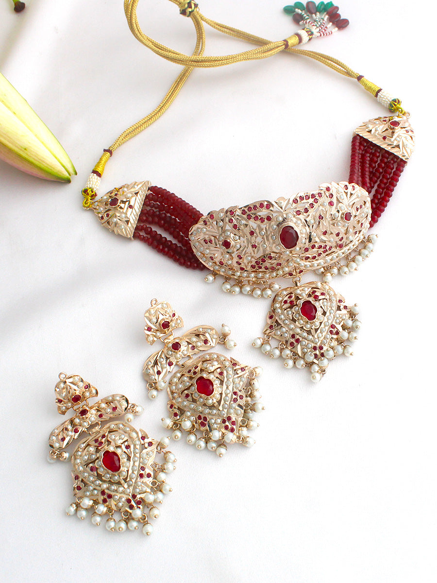 Zareen Jadau Choker Necklace Set-Maroon